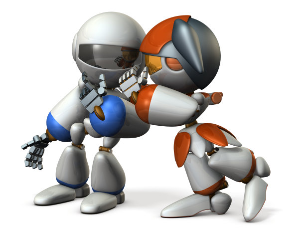 两个机器人正在窃窃私语的秘密故事。图片下载