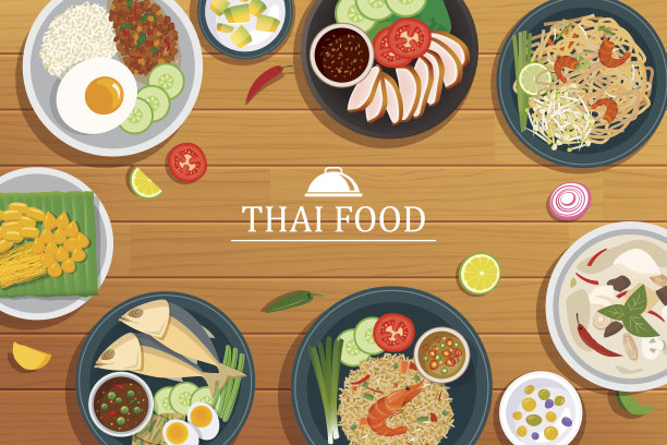木制背景上的泰国菜。矢量泰国食物俯视图图片下载