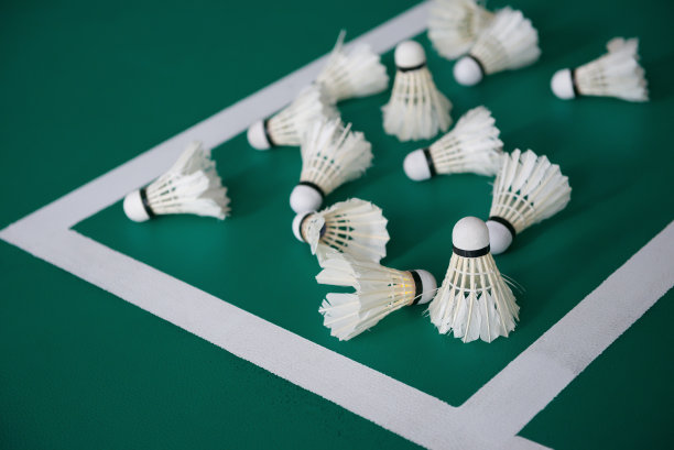 在羽毛球场边缘用过的羽毛球图片下载