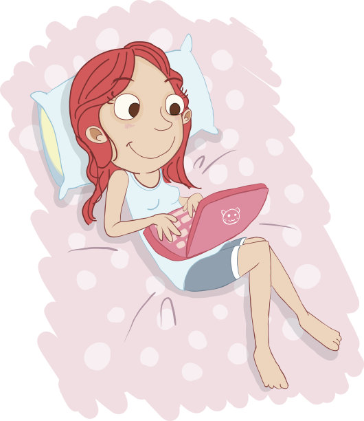 女孩在床上用笔记本电脑图片下载