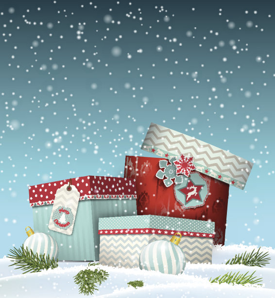 圣诞贺卡与礼盒在雪堆，冬季主题，插图图片下载