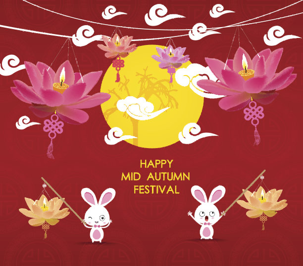 快乐的中秋背景与兔和荷花的灯笼图片下载