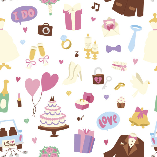 婚礼卡通矢量无缝图案图片下载
