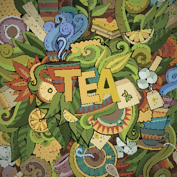 茶水手写体和涂鸦元素背景。素材图片