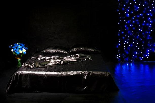 房间里放着蓝色花的黑色床图片下载