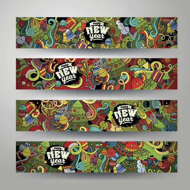 卡通矢量手绘涂鸦新年和圣诞节横幅图片下载