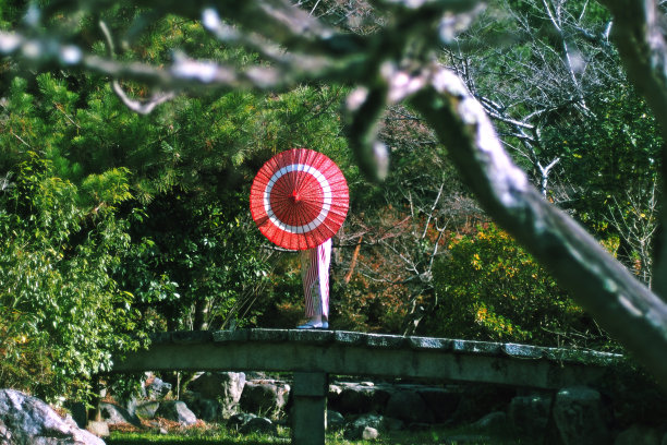 在日本花园中穿着和服拿着伞的女人图片下载