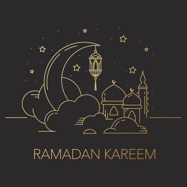 斋月卡里姆的背景是月亮，灯笼，清真寺在云。图片下载