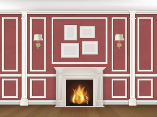 有壁柱、壁炉、壁灯的墙壁图片下载