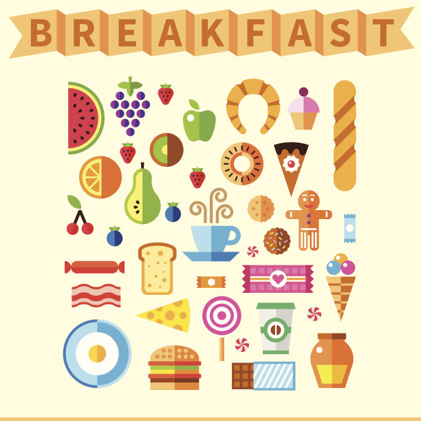 好的早餐矢量平面图标设置在早上图片下载