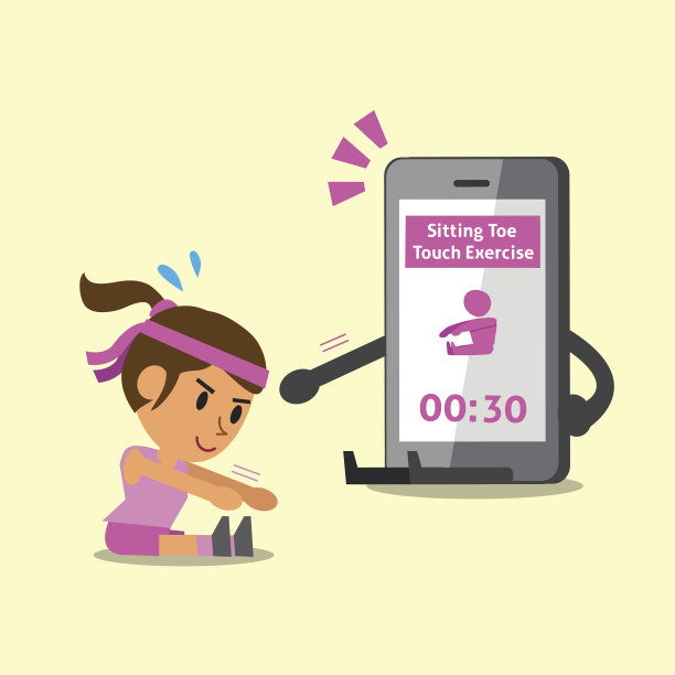卡通智能手机帮助女性做坐脚趾触碰运动图片下载
