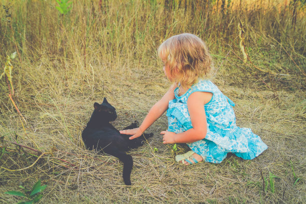 年轻善良的女孩和黑猫。图片下载