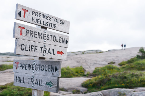 指向标志到讲坛摇滚/布道石小径，挪威图片下载