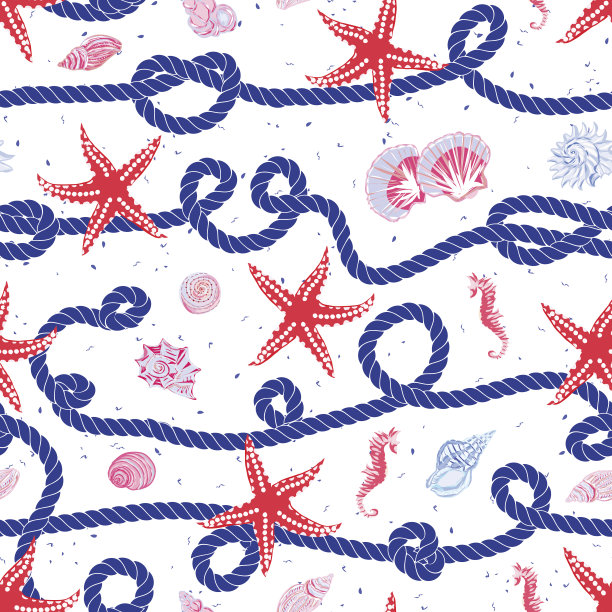 航海矢量无缝图案用海军蓝绳、红色海星图片下载