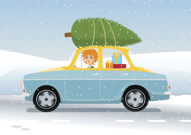 红发女孩开车过圣诞节图片下载