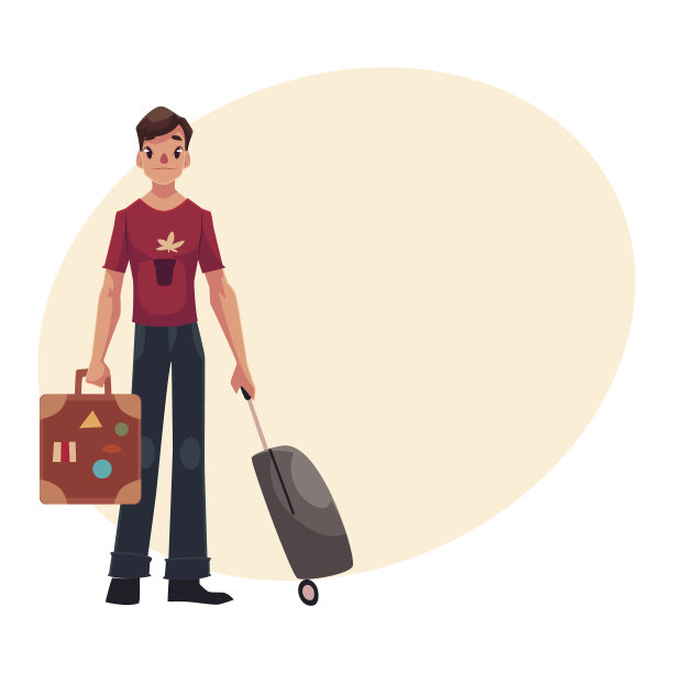 穿着牛仔裤和t恤的年轻人带着两个手提箱旅行图片下载