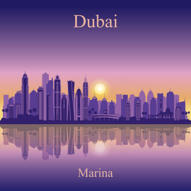 迪拜码头城市天际线剪影背景图片下载
