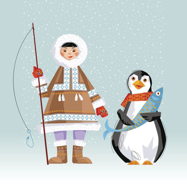 爱斯基摩小孩拿着钓竿，企鹅和鱼。圣诞贺卡。图片下载