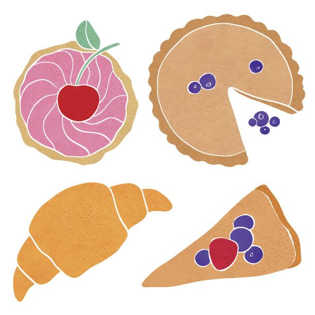 水彩纸杯蛋糕，蛋糕，块，羊角面包图片下载