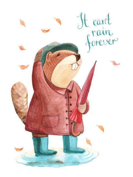 水彩插图。海狸穿着大衣，戴着帽子，带着雨伞去散步素材图片