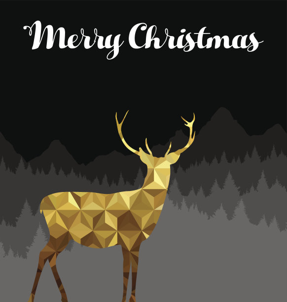 圣诞快乐鹿剪影金低聚卡图片下载