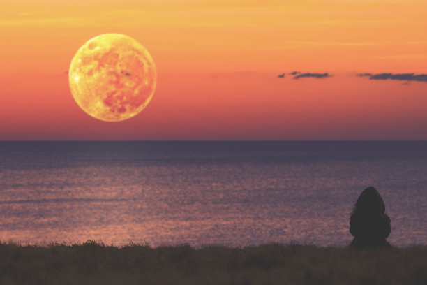 女孩看着海洋/海平线与月亮升起。图片下载