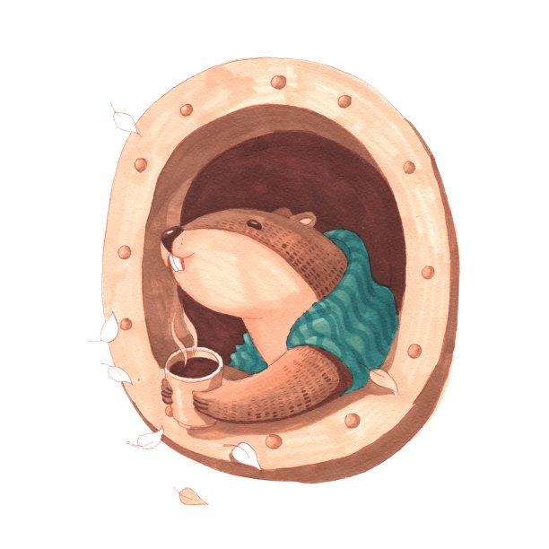 海狸在温暖的地毯上在窗口喝热茶素材图片