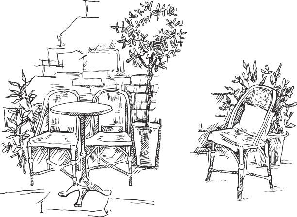 向量素描的老街道咖啡馆。素材图片