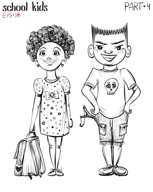 学校恶霸和带书包的女孩，向量。图片下载