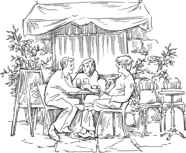 向量素描的老街道咖啡馆。素材图片