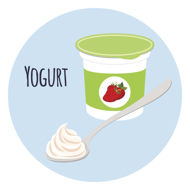 塑料杯里的草莓酸奶。牛奶奶油产品。平的风格图片下载