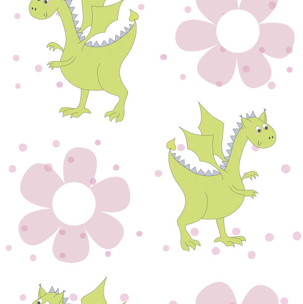 花中的卡通龙。幼稚鲜艳的花图案在向量图片下载