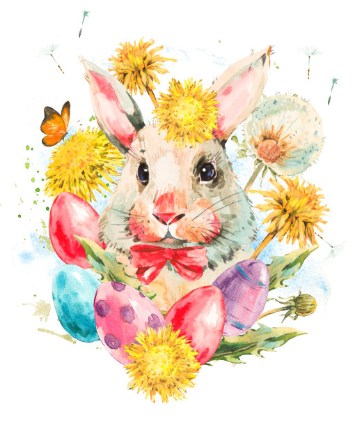 水彩画复活节白兔用黄色的蒲公英，彩色的鸡蛋图片下载