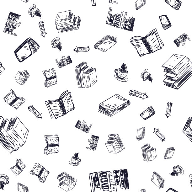 无缝涂鸦模式与书籍在白色背景的网站图片下载