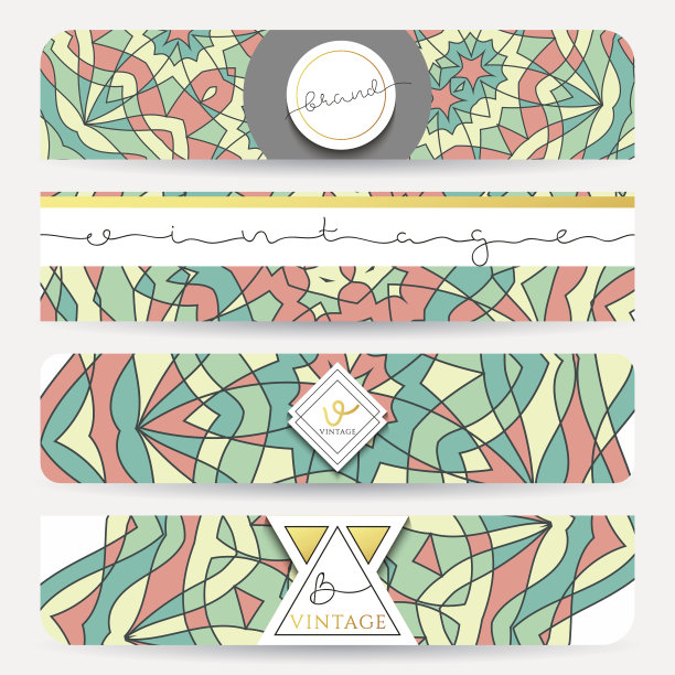 一套4个横幅。曼陀罗几何图案模板。图片下载