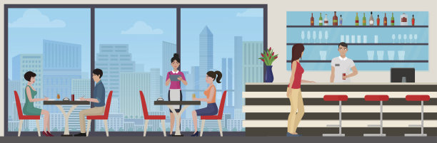 人们在现代餐厅咖啡厅用餐。内部有城市景观。素材图片