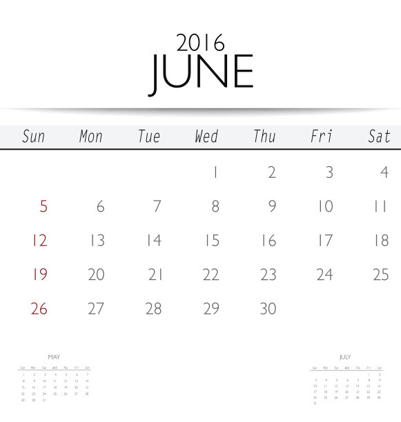 2016年日历，月日历模板为6月。图片下载