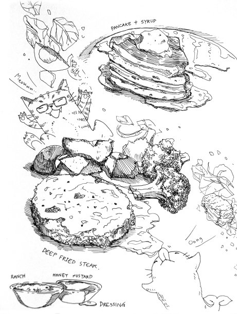 煎饼，糖浆，牛排配蔬菜图片下载