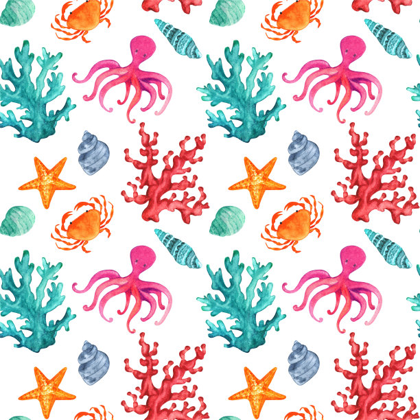水彩无缝图案与珊瑚，贝壳，章鱼，海星，螃蟹图片下载