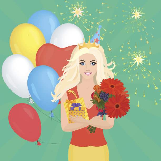 微笑的漂亮金发女孩拿着礼盒和鲜花。生日图片下载