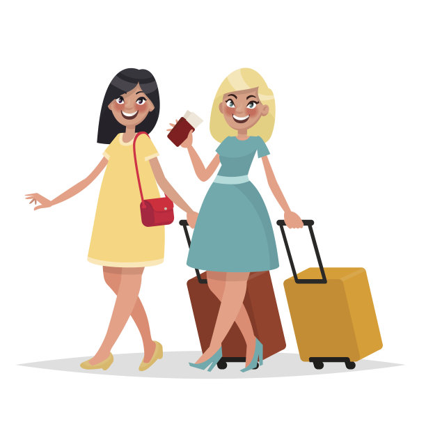两个带着行李的女人朋友去旅行了图片下载