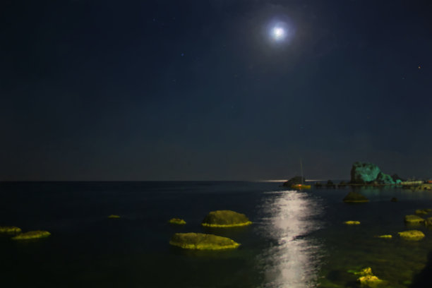 从城市码头眺望大海的夜景。水彩。图片下载