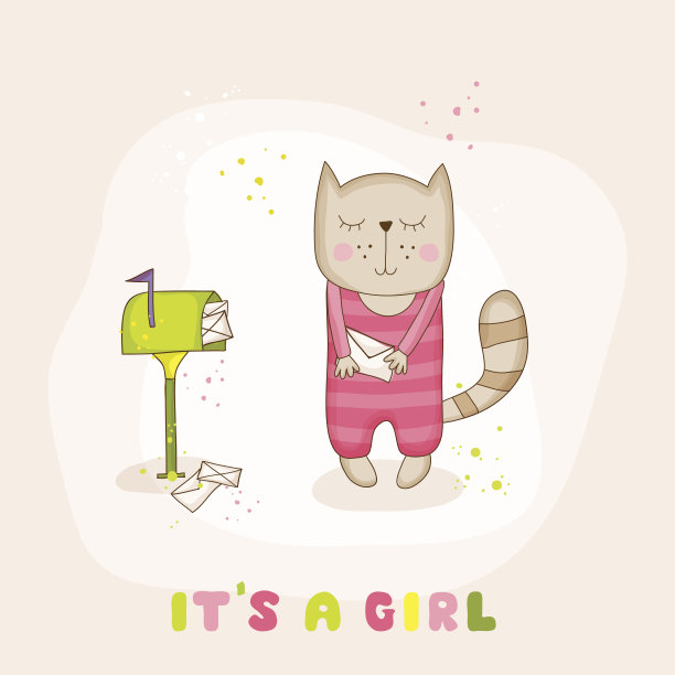 小女孩猫与邮件婴儿送礼卡图片下载