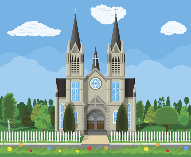 有树和篱笆的天主教堂图片下载