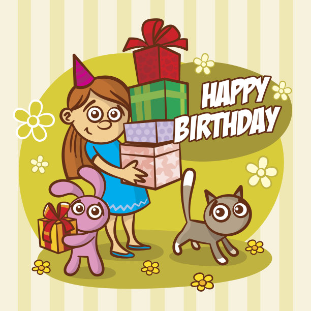 生日贺卡女孩兔子猫图片下载