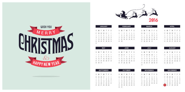 2016日历模板与圣诞类型的设计元素图片下载