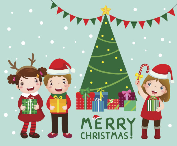 快乐可爱的孩子与礼物盒靠近圣诞树图片下载