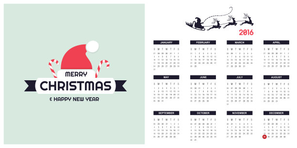 2016日历模板与圣诞类型的设计元素图片下载