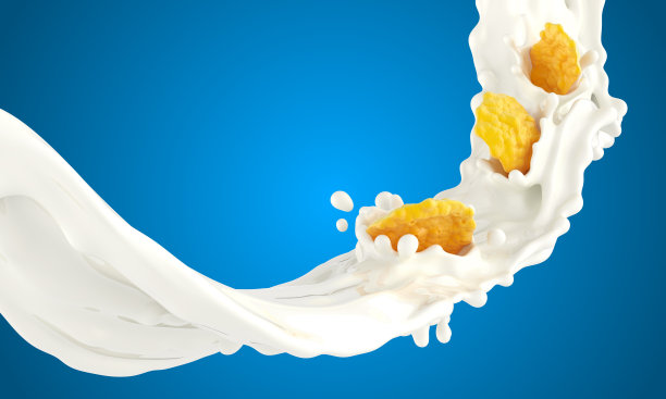 落在牛奶里的玉米片溅在蓝色的天空上图片下载