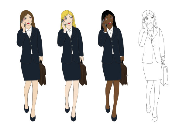 设定可爱的商务女性拿着公文包走路讲电话图片下载